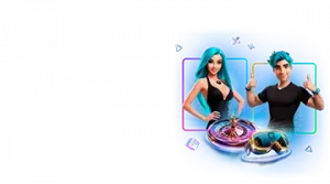 Изображение двух анимационных персонажей, мужчины и женщины, рекламирующих кэшбэк-бонус Lootrun с элементами казино и яркими неоновыми цветами.